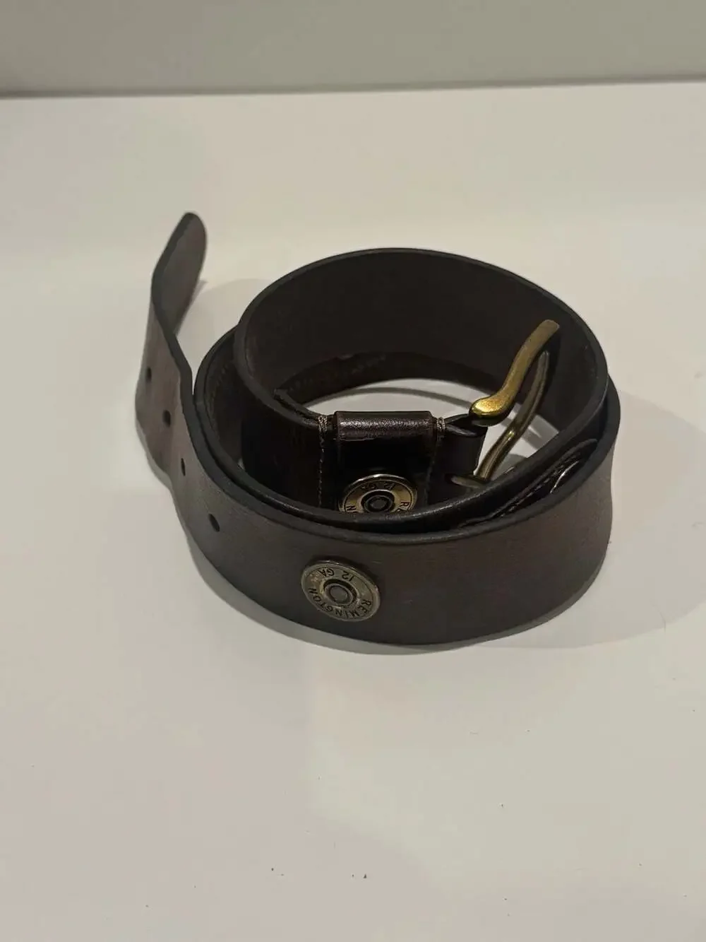 Remington Genuine Leather Men's Belt with 12 GA Shotgun and Brass Buckle